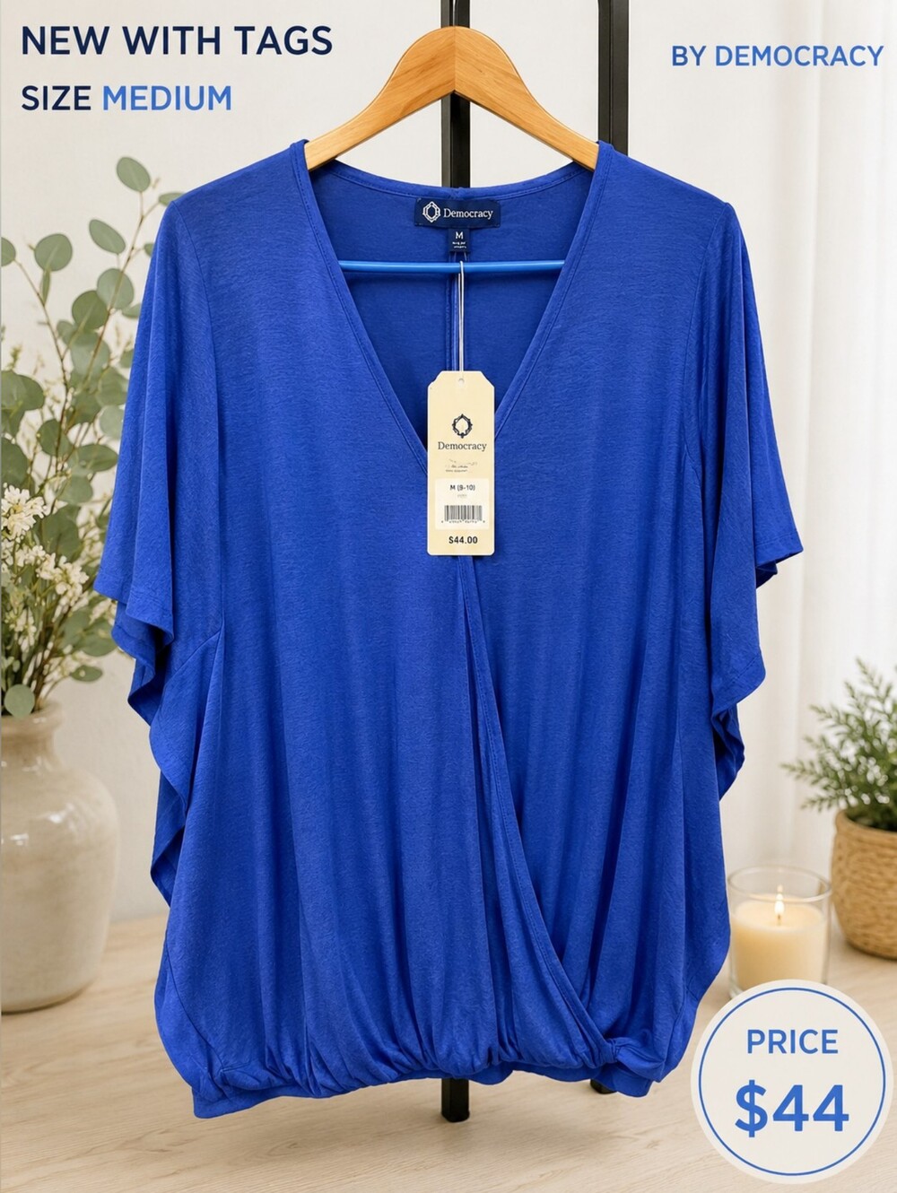 Democracy Royal Blue Draped V-Neck Blouse
